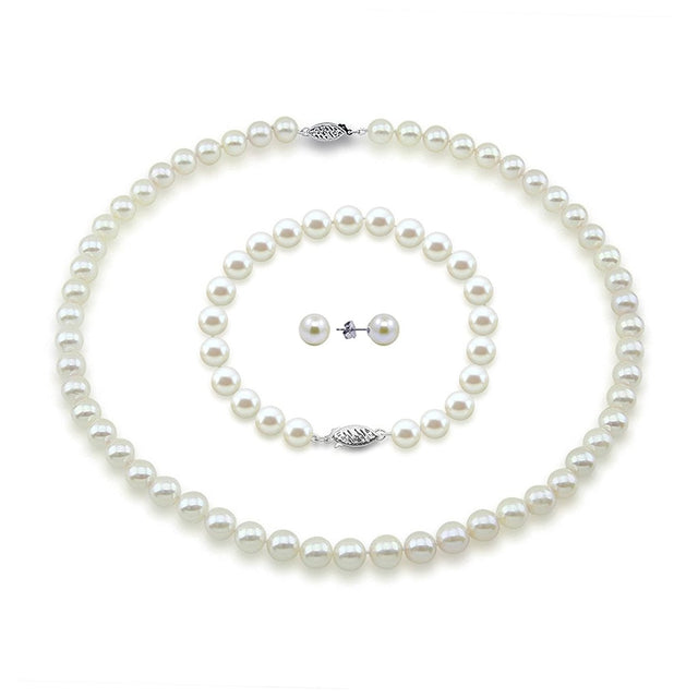 14K White Gold 8β9mm White Freshwater Cultured Pearl Necklace, 18", Bracelet, and Earring Set