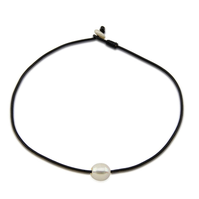 12β13mm White Freshwater Cultured Pearl Leather Necklace, 16"