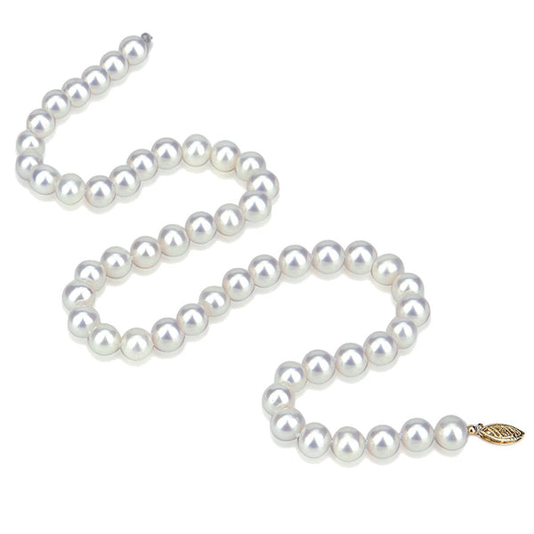 14k Yellow Gold 6.0-6.5mm AAA White Saltwater Akoya Cultured Pearl High Luster Necklace 16", AAA Quality.