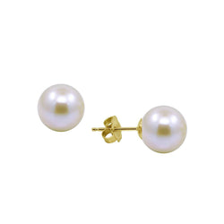 14K Yellow Gold 8.5β9mm Round White Freshwater Cultured Pearl Stud Earrings