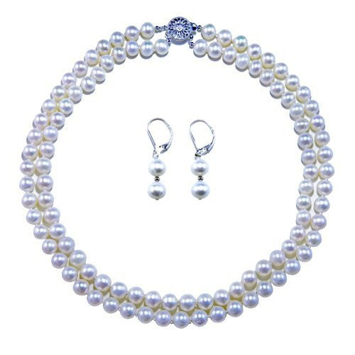 2-Row 8β9mm White Freshwater Cultured Pearl Necklace, 17β18", with Matching Earring Set
