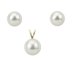 14K Yellow Gold 9.0-10.0mm White Round Freshwater Cultured Pearl Stud Earrings, Pendant Sets -AAA Quality