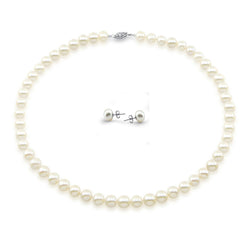 14K White Gold 8β9mm White Freshwater Cultured Pearl Necklace, 18", and Earring Set