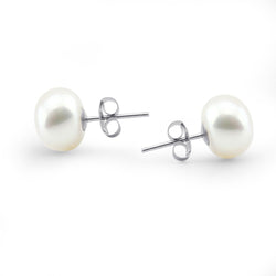 14K White Gold 10β11mm White Button Freshwater Cultured Pearl Stud Earrings