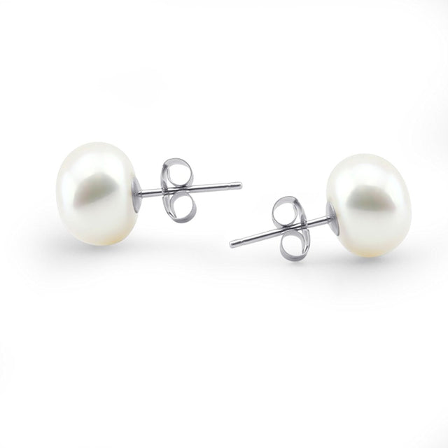 14K White Gold 8β9mm White Button-Shaped Freshwater Cultured Pearl Stud Earrings