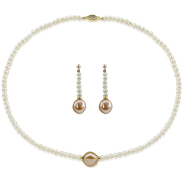 14K Yellow Gold 12β13mm Pink and 4β5mm White Baroque Freshwater Cultured Pearl Necklace, 18", and Earring Set