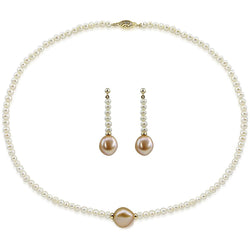 14K Gold Pink & White Baroque Freshwater Pearl Set, 16"