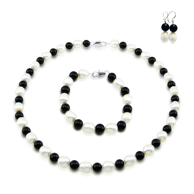 9β10mm White Freshwater Cultured Pearl and Black Onyx Necklace, 18", Bracelet, 7.5", and Earring Set