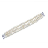 3-Row White A Grade 6.5-7mm Freshwater Cultured Pearl Bracelet, 7.5