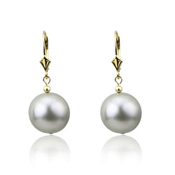 14K Yellow Gold 11β12mm Round Grey Freshwater Cultured Pearl Leverback Earrings