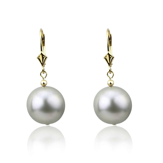 14K Yellow Gold 11β12mm Round Grey Freshwater Cultured Pearl Leverback Earrings