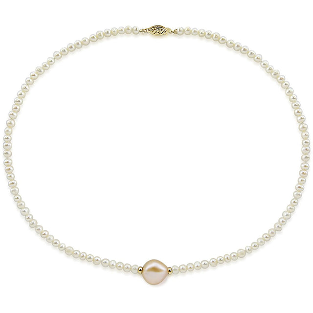 14K Yellow Gold 4β5mm and 12β13mm Pink and White Baroque Freshwater Cultured Pearl Necklace, 16"
