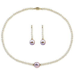 14K Gold Lavender & White Baroque Freshwater Pearl Set, 16"