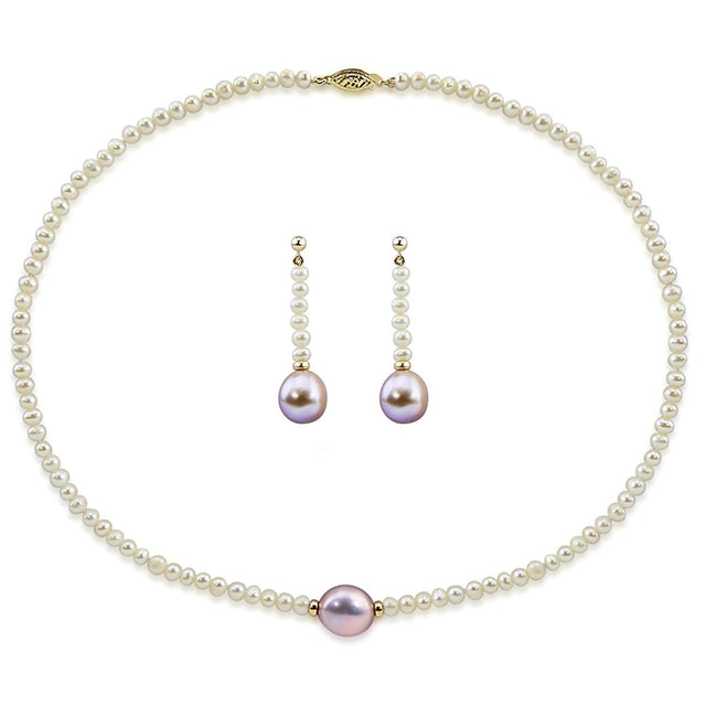 14K Gold Lavender & White Baroque Freshwater Pearl Set, 16"