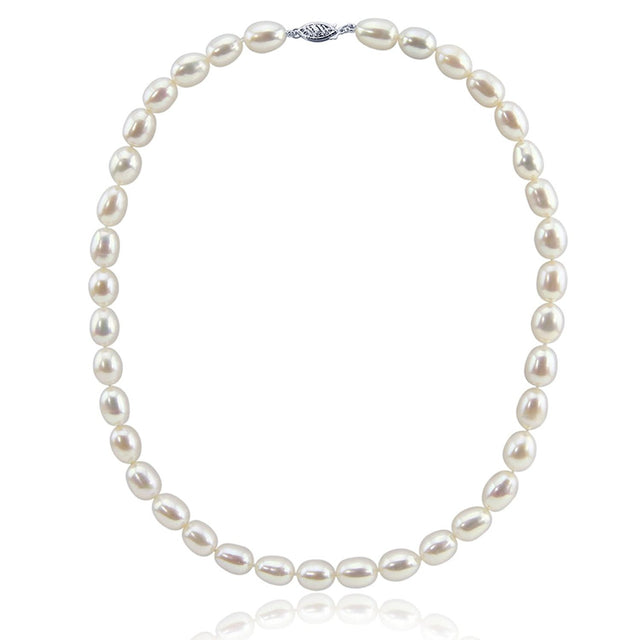 14K White Gold 8β9mm White Oval Freshwater Cultured Pearl Necklace, 18"