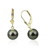 14K Yellow Gold 9.0-10.0mm AAA Round Black Tahitian Cultured Pearl Pendant, Lever Back Earring Sets-02