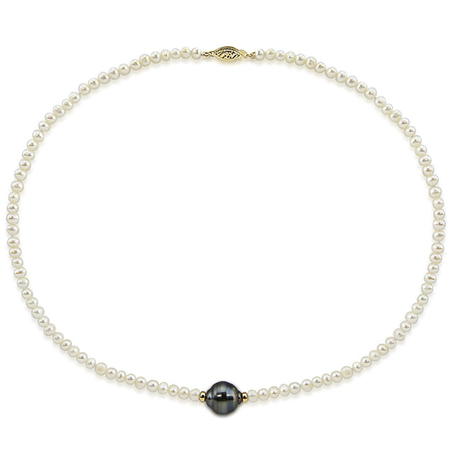 14K Yellow Gold 4β5mm White Freshwater and 11β12mm Tahitian Cultured Pearl Necklace, 16"