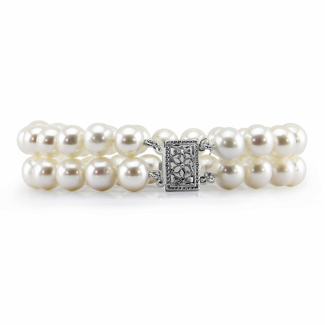 14K White Gold 8β9mm 2-Row White Freshwater Cultured Pearl Bracelet, 7.5"