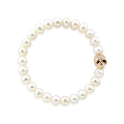 7β8mm White Freshwater Pearl Skull Bead Bracelet, 7.5"