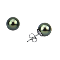 14K White Gold 9β10mm Tahitian Pearl Stud Earrings, AAA