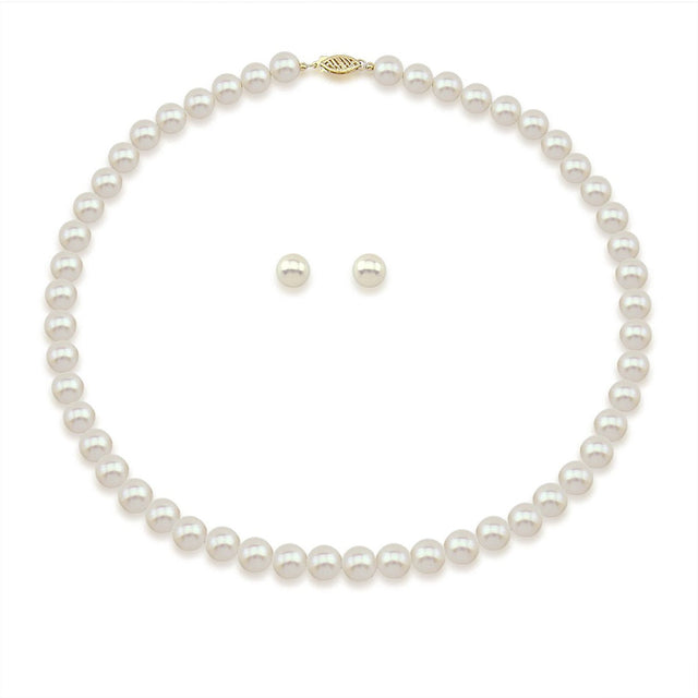 14K Yellow Gold 8β9mm White Freshwater Cultured Pearl Necklace, 18", and Earring Set