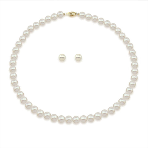14K Yellow Gold 8.0-9.0mm White Freshwater Cultured Pearl Necklace 18" and Earrings Set