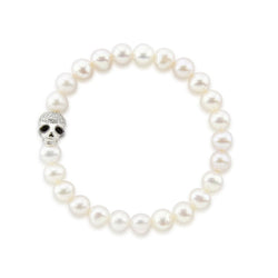 7β8mm White Freshwater Cultured Pearl Bracelet, 7.5", with Skull Bead