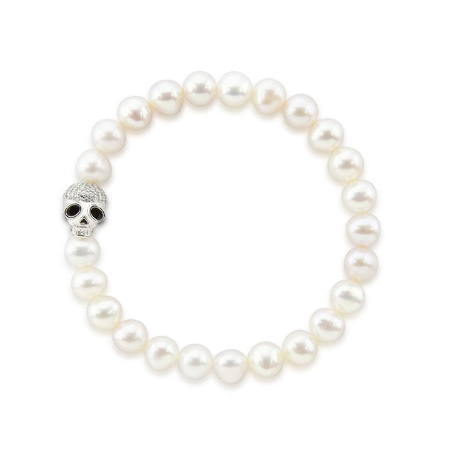 7β8mm White Freshwater Pearl Skull Bead Bracelet, 8"