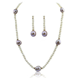 14K Yellow Gold 11β13mm Lavender and 4β5mm White Baroque Freshwater Cultured Pearl Necklace, 18", and Earrings Set
