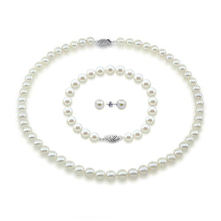 14K White Gold 8β9mm White Freshwater Cultured Pearl Necklace, 18", Bracelet, and Earring Set