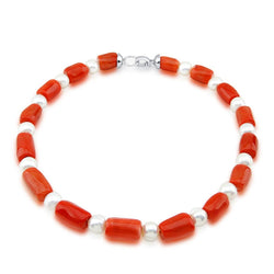 10β11mm Freshwater Cultured Pearl and Red Coral Necklace, 18"