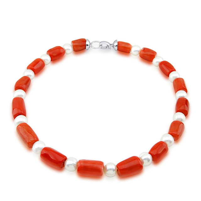 10β11mm Freshwater Cultured Pearl and Red Coral Necklace, 18"