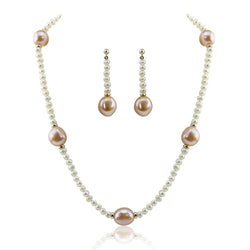 14K Yellow Gold 11β13mm Pink and 4β5mm White Baroque Freshwater Cultured Pearl Necklace, 18", and Earring Set