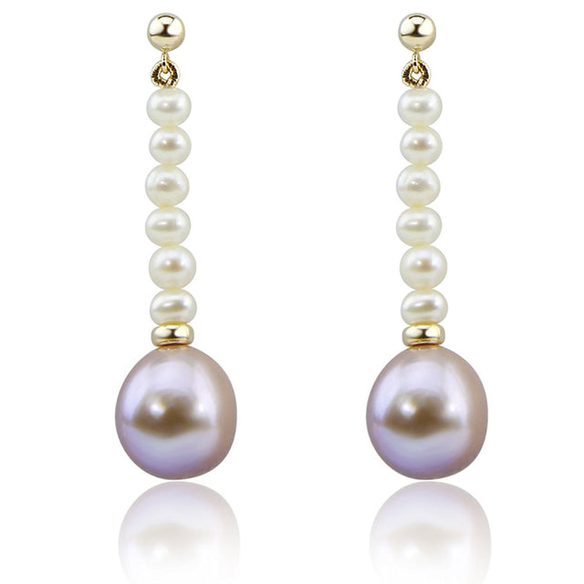 14K Yellow Gold 4β5mm White and 13β14mm Lavender Baroque Freshwater Cultured Pearl Dangle Earrings