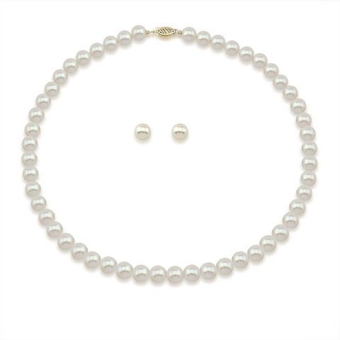 14K Yellow Gold 8.0-9.0mm White Freshwater Cultured Pearl Necklace 18" and Earrings Set, AAA Quality