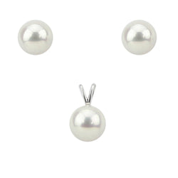 14K White Gold 7.5-8.0mm White Round Freshwater Cultured Pearl Stud Earrings, Pendant Sets - AAA Quality