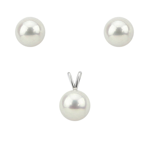 14K White Gold 8β9mm White Round Freshwater Cultured Pearl Stud Earrings and Pendant Set