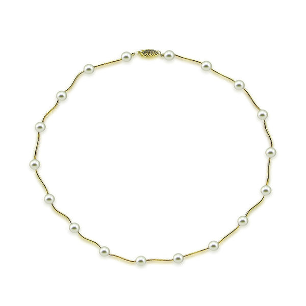 14K Gold 7β7.5mm White Akoya Pearl Station Necklace, 18"