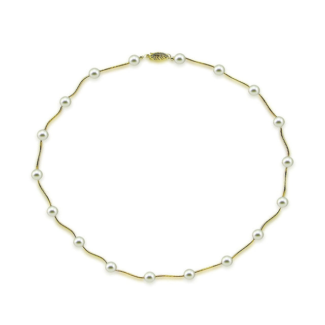 14K Gold 7β7.5mm White Akoya Pearl Station Necklace, 18"