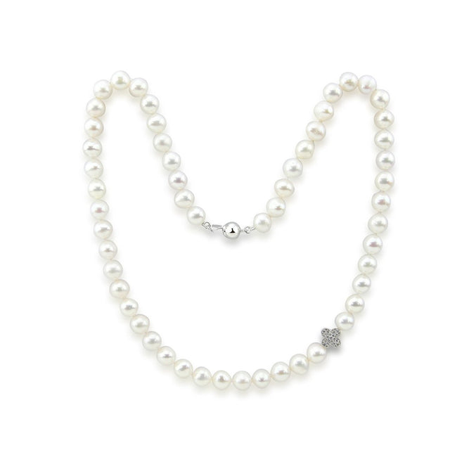 7β8mm White Freshwater Cultured Pearl Necklace, 17", with Four-Leaf Flower