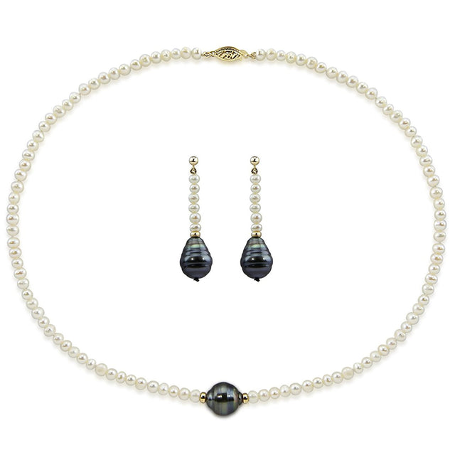 14K Yellow Gold 4β5mm Freshwater and 11β12mm Tahitian Cultured Pearl Necklace, 16", and Earring Set
