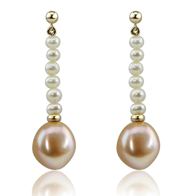14K Yellow Gold 4β5mm White and 12β13mm Pink Baroque Freshwater Cultured Pearl Dangle Earrings