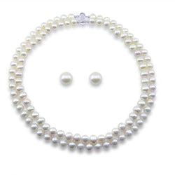 Sterling Silver 2-Row 8β9mm White Freshwater Cultured Pearl Necklace, 17" and 18", and 10β11mm Stud Earrings