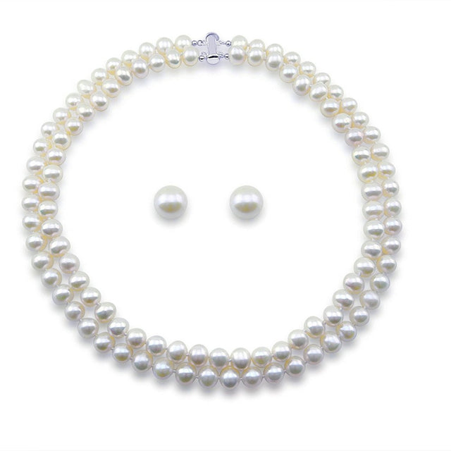 Sterling Silver 2-Row 8β9mm White Freshwater Cultured Pearl Necklace, 17" and 18", and 10β11mm Stud Earrings