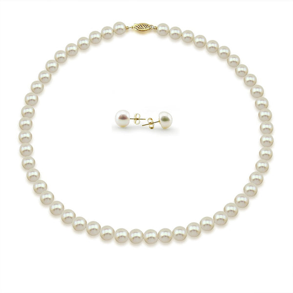 14K Yellow Gold 8–9mm White Freshwater Cultured Pearl Necklace, 18", and Earring Set
