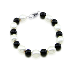 9β10mm White Freshwater Pearl & Black Onyx Bracelet, 7.5"