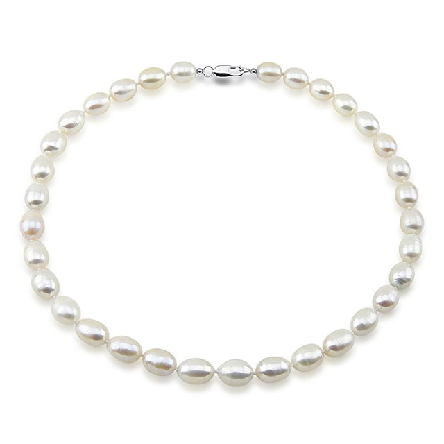 9β10mm White Rice-Shaped Freshwater Cultured Pearl Necklace, 18"