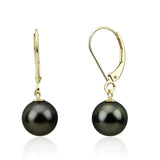 14K Yellow Gold 9.0-10.0mm AAA Round Black Tahitian Cultured Pearl Pendant, Lever Back Earring Sets-03