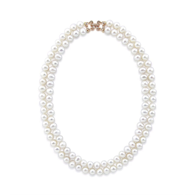 2-Row 7β7.5mm White Freshwater Cultured Pearl Necklace, 17", with Rose-Gold-Tone Base-Metal Rhinestone Clasp