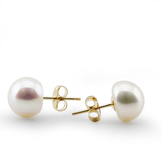 14K Gold 8β9mm White Freshwater Pearl Stud Earrings